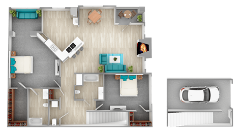 Floor plan for 2 beds, 2 baths, 1326 sqft